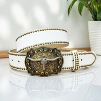 Sabuk Pria Kulit Sapi dengan Gesper Pin Paduan Logam Bermotif Hewan, Ukiran Retro Etnik Barat Kasual Denim Gaya Eropa Amerika Merek Jessi