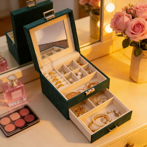 Fabrikneues Design Samt-Schmuckkästchen mit 2 Ebenen, Schmuck-Organizer, Etui für Ohrringe, Halsketten, Schmuckaufbewahrungsboxen mit Spiegel - Product Image 4