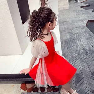 2021 çin tarzı yeni varış klas şifon kısa kollu kız prenses kırmızı elbise kız