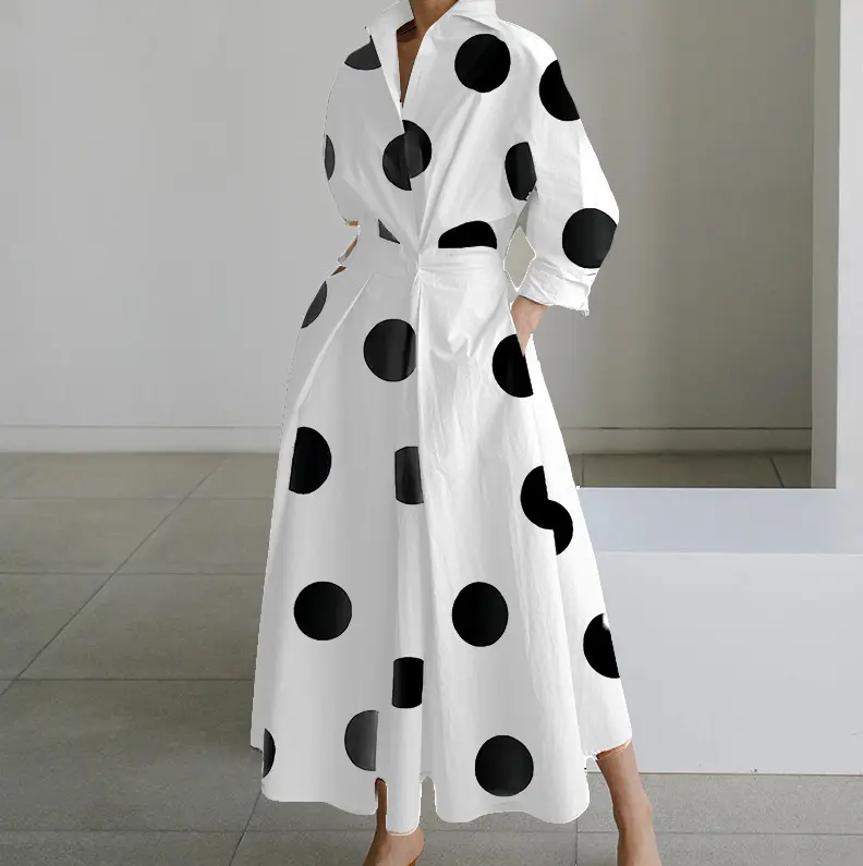 Novo modelo de luxo vintage balanço modesto algodão personalizado vestidos casuais com mangas polka dot camisa longa vestido solto para as mulheres