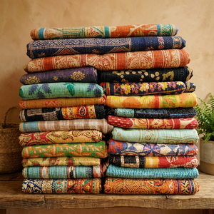 Lote indio Vintage Sari Kantha manta de cama cosida a mano - Product Image 2