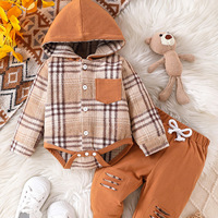 Ensemble deux pièces pour bébés garçons automne-hiver : Manteau à capuche en coton à carreaux contrastants et pantalon à boutons-pression