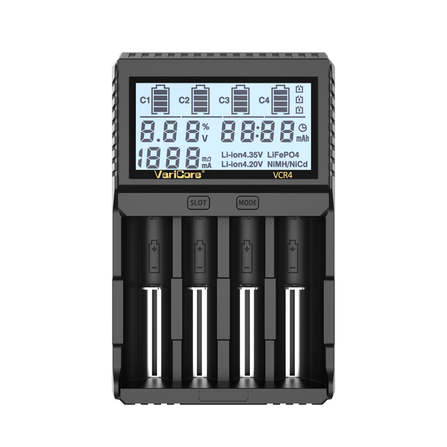 VariCore VCR4 Smart 4-Slot LiFePO4/Li-ion Battery Charger with 2A Fast Charging Safe Charging CE/FCC Certified LCD Display