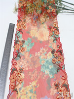 Dentelle brodée à motif rouge, bleu et rose brillant, largeur 11,5 cm, pour vêtements et mariages