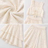 Ensemble jupe bohème pour femme avec broderie florale, gilet court et jupe midi asymétrique, vêtements décontractés pour vacances méditerranéennes