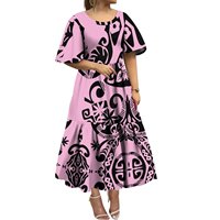 Robe midi à volants populaire rouge et noire à imprimé tribal polynésien Hibiscus, col rond, personnalisable pour femme, idéale pour le quotidien et les loisirs