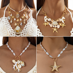 Collana <span class=keywords><strong>con</strong></span> Ciondolo a Forma di Stella Marina in Conchiglia <span class=keywords><strong>con</strong></span> Perla Sintetica e Catena in Bambù Esagerata per Donne - Regalo - Product Image 2