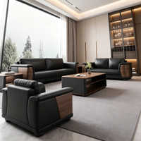 Ensemble de canapés de bureau modernes en cuir 3+2+1 places, canapé de réception exécutif avec table basse et accoudoirs en bois, mobilier de bureau de direction