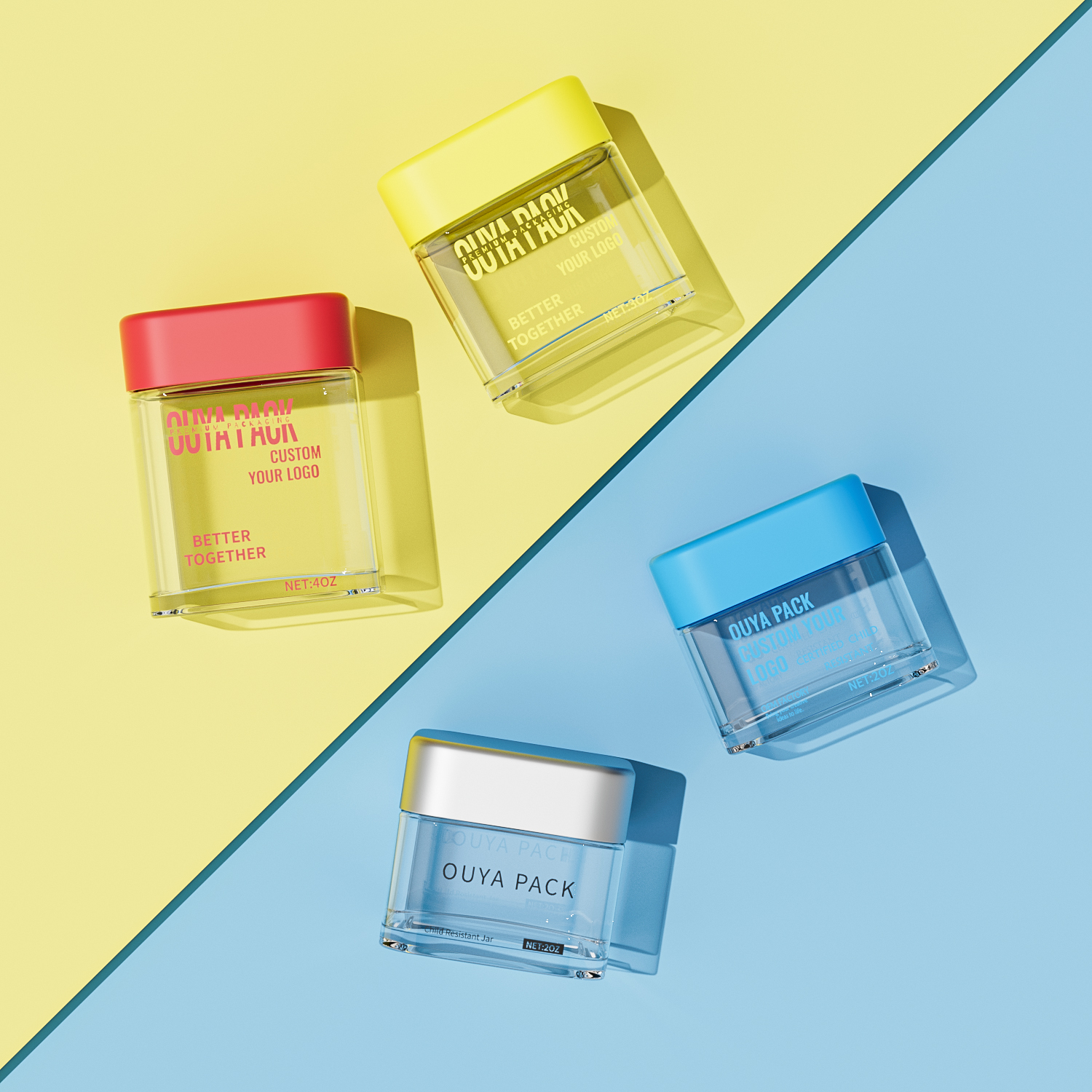 Child Resistant Thick Wall Clear CR Glass Jar 3oz Square Glass Jar Food Grade Smell Proof Container for 3.5g Flowers