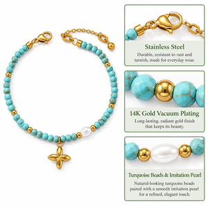 Stainless Steel Beaded Bracelet, Gold <b>Tone</b> Turquoise, <b>Red</b> or White with Faux Pearl and Flower Charm, Adjustable 18+3.5 cm - Product Image 3