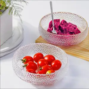Tigela de vidro decorativa de alta qualidade feita à mão para salada de legumes transparente e sobremesa com borda dourada