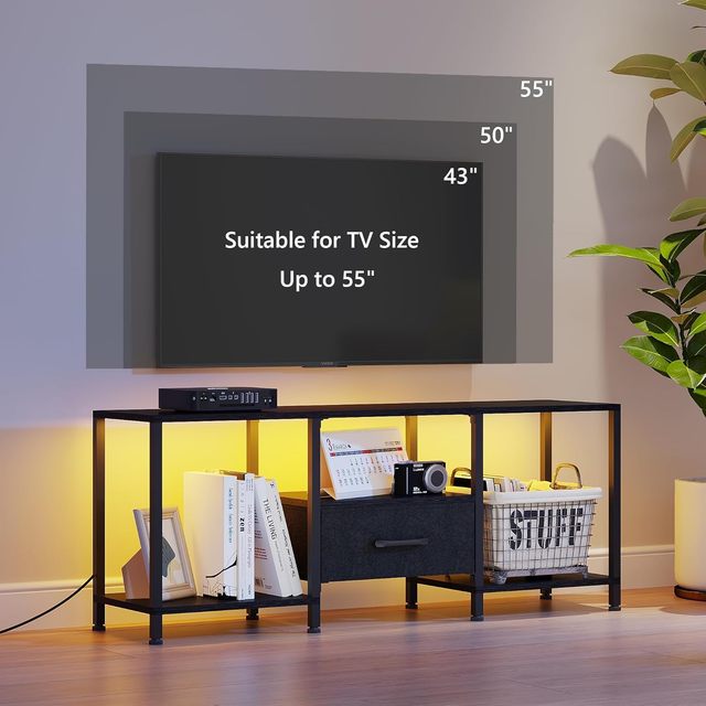 Modern 65 70 75 Inches LED Lights TV Shelf with Power Outlets and Fabric Drawers Wooden Panel for Home or Hotel Furniture