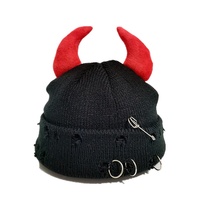 Bonnet en tricot unisexe avec cornes de démon, style streetwear décontracté, effet vieilli, chaud, pour l'automne et l'hiver