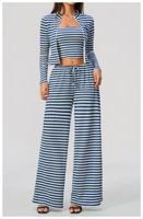 Ensemble deux pièces rayé pour femme, débardeur court sans bretelles et pantalon large taille haute, décontracté, respirant, en polyester