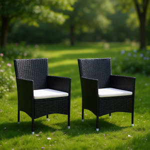 Ensemble de 2 chaises de jardin en rotin noir avec coussin blanc, mobilier d'extérieur, style contemporain, pieds effilés - Product Image 2