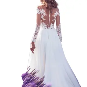 Wholesale Big Tail Retro V neck Sexy Tulle Long Sleeve Lace Bridal Wedding Dress Bridal Gown Wedding Dresses