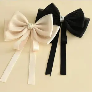 Fashion Bowknot Pearl Hair Clip Light Luxury Bow Long Ribbon Clip Girl Spring Clip Hair Accessories Wholesale