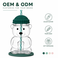 Vaso de Vidrio Personalizado de 20oz con Forma de Oso, con Pajita, Tapa de Silicona, Posavasos y Caja de Regalo. Lindo Vaso de Vidrio al por Mayor, Set de Bebidas OEM ODM.