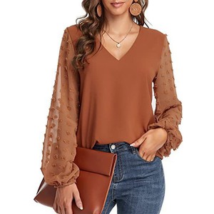 Áo kiểu nữ cổ V chất liệu chiffon dệt jacquard tay dài, phối màu thời trang, gợi cảm, kiểu dáng xu hướng, size lớn - Product Image 1