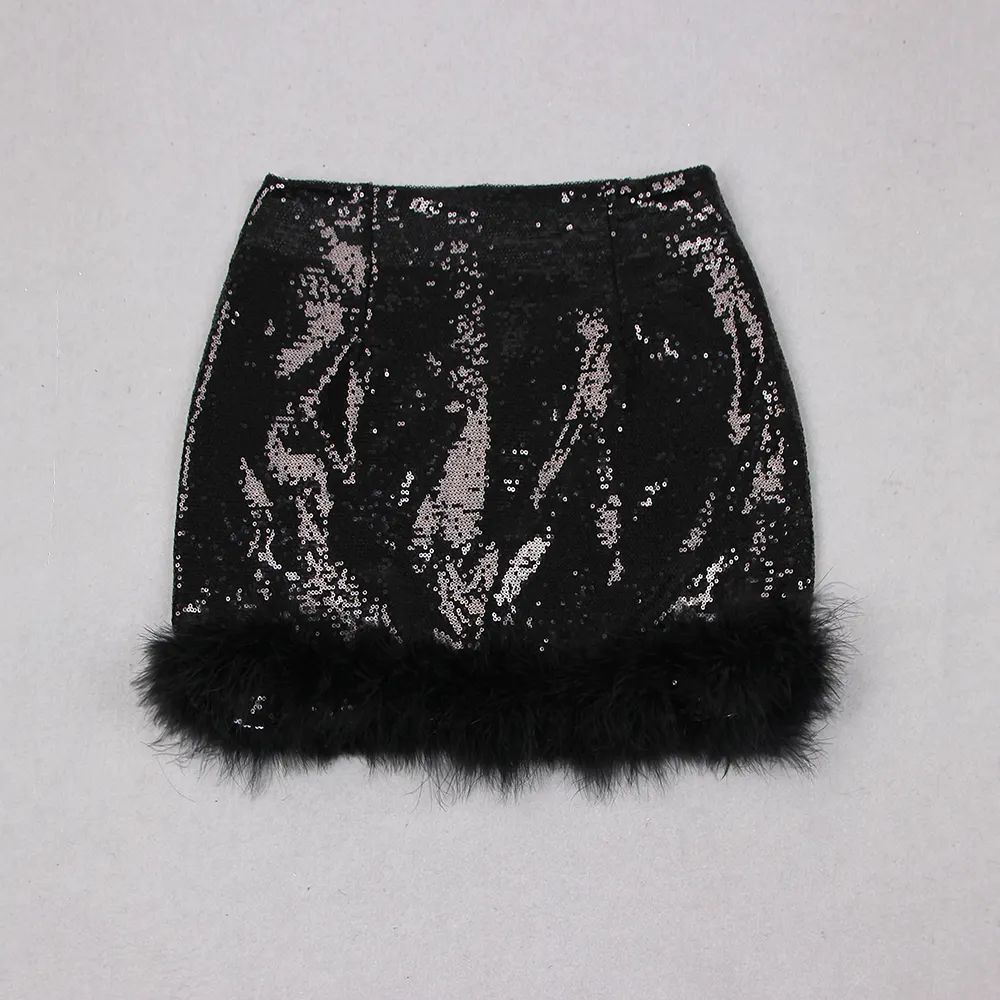 High Waist Glossy Luxury Sequin and Feather Black A-Line Women Mini Sequins Feather Skirt