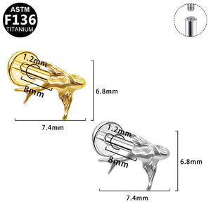 Boucles d'oreilles clous en titane motif fleur et cerf, bijoux de piercing unisexe ASTM F136, argent 925, doré et argenté - Product Image 3