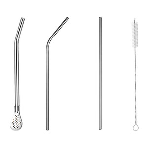 Stainless Steel <b>Straw</b> Spoon Set Straight And Curved With Cleaning Brush <b>Reusable</b> For Milk Tea Coffee Stirring - Product Image 2