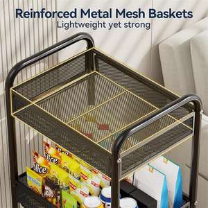 Chariot roulant en métal à 3 niveaux avec panier en maille Office Art Laundry Pantry Kitchen Utility Vegetable Fruit Organizer Storage - Product Image 4