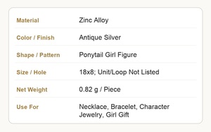 Ciondolo a Forma di Ragazza con Coda di Cavallo 18x8mm in Lega di Zinco Argento Anticato, Piccolo Charm <span class=keywords><strong>per</strong></span> Regali di <span class=keywords><strong>Compleanno</strong></span> <span class=keywords><strong>per</strong></span> Figlie - Product Image 3