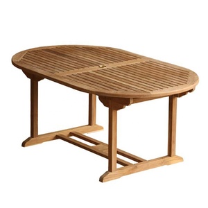 Ensemble de 5 tables à manger minimalistes modernes à piédestal ovale en bois de teck meubles de patio de parc de jardin extérieur pour hôtels style indonésien - Product Image 3