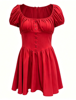 Robe mini évasée style A-line, boutonnée, manches courtes bouffantes, col carré, buste froncé, taille haute, style corset, décontractée, coupe skater, ODM