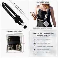 Sangle de téléphone bohème brodée en sangle tissée, réglable, bandoulière avec double pochette zippée, accessoires dorés, attache de téléphone 105-145