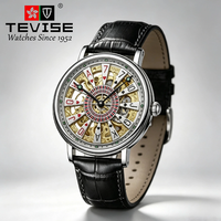 TEVISE Herren Automatik-Mechanikuhr mit rundem Gehäuse aus Legierung, Lederarmband, wasserdicht 3BAR