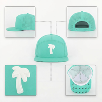 Topi Snapback 7 Panel Warna Hijau Mint dengan Patch Karet 3D Custom, Lubang Laser Cut, Bernapas, Brim Datar, Dapat Disesuaikan, untuk Aktivitas Luar Ruangan