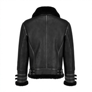 Veste de moto en cuir véritable noir pour homme, col rabattu, fermeture éclair, coupe ajustée, doublure en fausse fourrure, style hiver - Product Image 4