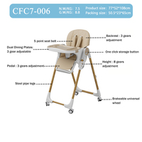 Chaise haute bébé en gros, 8 niveaux de hauteur, 4 positions inclinables avec double plateau pour l'alimentation des nourrissons