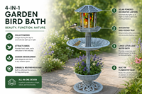 Station de bain d'oiseaux solaire LED écologique, mangeoire à oiseaux peinte, jardinière, toit de gazebo, résine résistante aux intempéries pour extérieur