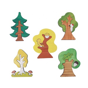 Ensemble de 5 arbres dorf de forêt en bois pour enfants, figurines, puzzle montessori, jouets éducatifs pour bébés - Product Image 1