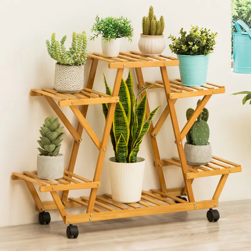 HOSTK Large Medium And Small Firm Modern Indoor or Outdoor Natural Shelf Bamboo Plant Stand For Living Room Or Garden