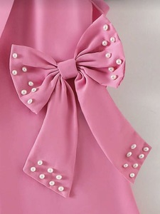Conjunto Elegante de Tres Piezas <span class=keywords><strong>para</strong></span> <span class=keywords><strong>Niñas</strong></span>, Blazer con Lazo de Perlas Rosas + Camisola Blanca + Pantalones Cortos, Fibra de Poliéster - Product Image 4