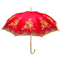 Parapluie de Mariage Chinois Doré à Long Manche Brodé de Dentelle pour Mariée, Grande Parapluie de Cérémonie pour Fille/Femme