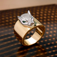 Bague de luxe Bride Talk Tête de Léopard Panthère, plaqué or 18 carats, large, avec micro-pavé de zircon CZ œil vert, bijou de déclaration pour cadeau