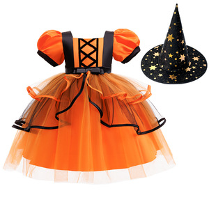 Ultimo Modello di <span class=keywords><strong>Costume</strong></span> da <span class=keywords><strong>Strega</strong></span> per Bambine con Maniche Corte, Cappello e Borsa a Zucca, Set per Travestimenti Festivi e Cosplay - Product Image 3
