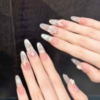Faux Ongles à Presser pour Femme, Rose Transparent, Longs, Forme Amande, Paillettes, Breloque Fleur Cygne 3D, Style Luxe Fleur Argentée