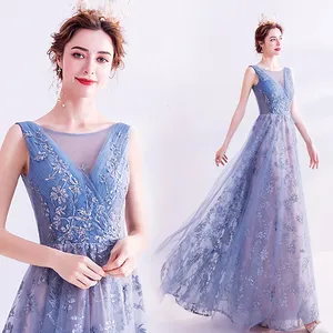 Elegant Backless Blue Prom Dresses Full Length Grenadine Blue Prom Dresses