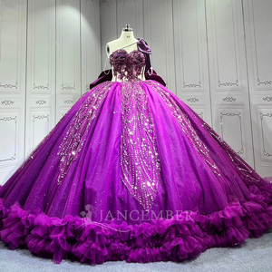 Robe de Quinceañera Lsmu186 violette à col licou, sans manches, style princesse à volants avec nœud, Jancember - Product Image 6