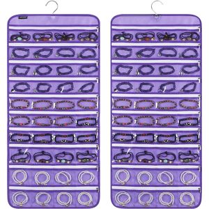 Organisateur de bijoux suspendu, 80 poches zippées, double face, rangement violet pour boucles d'oreilles et colliers - Product Image 1