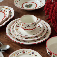 Ensemble de vaisselle en céramique de Noël rétro et coloré, assiettes rondes ondulées, bols et tasses à motifs botaniques pour les fêtes et les mariages