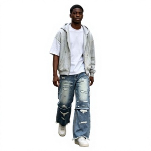 Prix abordable Jean large pour homme en denim déchiré et délavé, coupe baggy, avec fermeture éclair en forme d'échelle, imprimé script et ourlet effiloché, style streetwear - Product Image 6