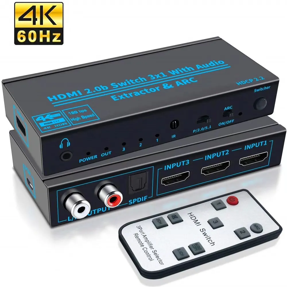 HDMI 2.0b Chuyển 3X1 Splitter 3 Trong 1 4K @ 60HZ Switcher Box Với ARC Từ Xa Quang Toslink SPDIF + Coaxial + Analog RCA Stereo Âm Thanh