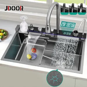 Fregadero de cocina blanco, llave de cascada de acero inoxidable